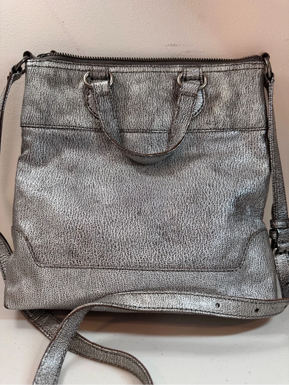 NWT FRYE Melissa Small Tote Crossbody distressed silver leather bag